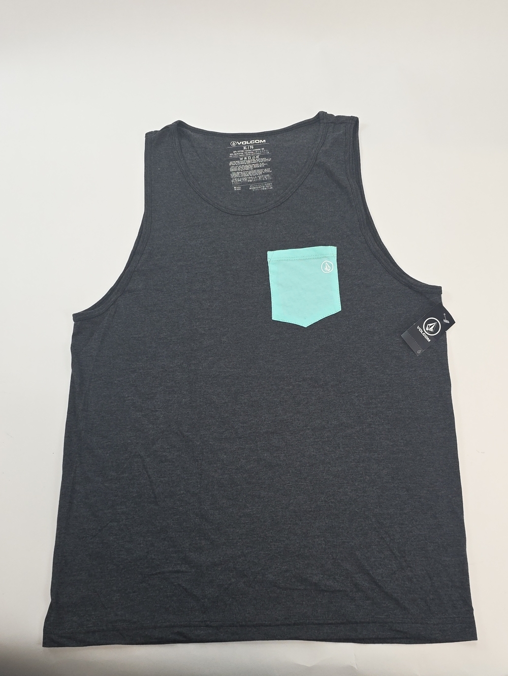 NWT Men's XL Volcom "Contrast Tank Top". Black Shirt w/Turquoise Chest Pocket